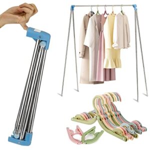 fragraty portable clothes rack, 15-35in stainless steel foldable garment rack collapsible small folding clothing rack + 10 mini clothes hangers for dance,travel,camping, drying,rv, indoor, outdoor
