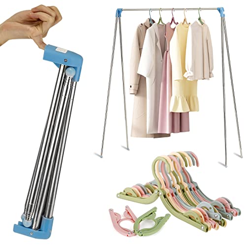 Fragraty Portable Clothes Rack, 15-35in Stainless Steel Foldable Garment Rack Collapsible Small Folding Clothing Rack + 10 Mini Clothes Hangers for Dance,Travel,Camping, Drying,RV, Indoor, Outdoor