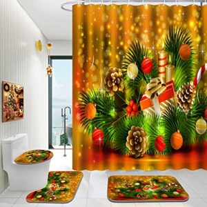 enyorsel christmas bathroom set, shower curtain sets with rugs incl shower curtain with 12 hooks, soft non-slip bath mat, toilet u-shaped floor mat and toilet lid cover mat for bathroom decor