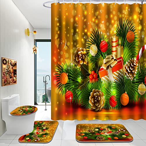 ENYORSEL Christmas Bathroom Set, Shower Curtain Sets with Rugs Incl Shower Curtain with 12 Hooks, Soft Non-Slip Bath Mat, Toilet U-Shaped Floor Mat and Toilet Lid Cover Mat for Bathroom Decor