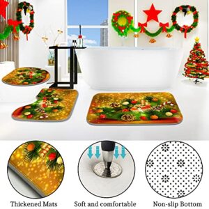 ENYORSEL Christmas Bathroom Set, Shower Curtain Sets with Rugs Incl Shower Curtain with 12 Hooks, Soft Non-Slip Bath Mat, Toilet U-Shaped Floor Mat and Toilet Lid Cover Mat for Bathroom Decor
