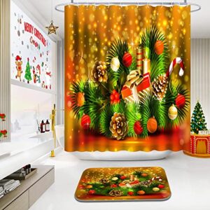 ENYORSEL Christmas Bathroom Set, Shower Curtain Sets with Rugs Incl Shower Curtain with 12 Hooks, Soft Non-Slip Bath Mat, Toilet U-Shaped Floor Mat and Toilet Lid Cover Mat for Bathroom Decor