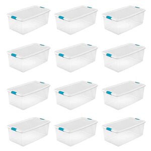sterilite 106 quart clear plastic stackable storage container bin box tote with white latching lid organizing solution for home & classroom, 12 pack