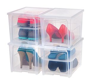 iris usa 4 pack shoe storage box, clear plastic stackable shoe organizers for closet, space saving drop front sneaker containers, tall