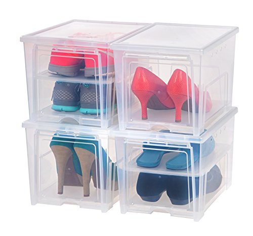 IRIS USA 4 Pack Shoe Storage Box, Clear Plastic Stackable Shoe Organizers for Closet, Space Saving Drop Front Sneaker Containers, Tall