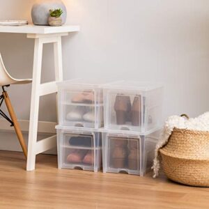 IRIS USA 4 Pack Shoe Storage Box, Clear Plastic Stackable Shoe Organizers for Closet, Space Saving Drop Front Sneaker Containers, Tall