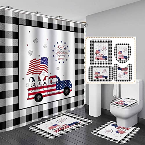 Dia Magico 4PCS American Flag Cute Gnome Shower Curtain Set with Rugs, USA Flag Farm Truck 4th of July Independence Day Patriotic Black and White Buffalo Plaid Country Rustic Farmhouse Bathroom Decor