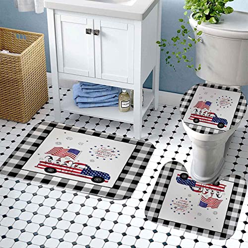 Dia Magico 4PCS American Flag Cute Gnome Shower Curtain Set with Rugs, USA Flag Farm Truck 4th of July Independence Day Patriotic Black and White Buffalo Plaid Country Rustic Farmhouse Bathroom Decor