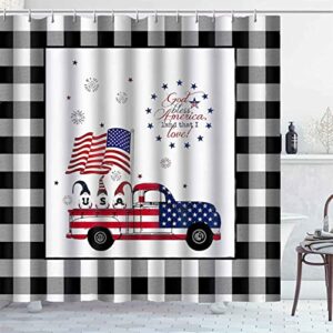 Dia Magico 4PCS American Flag Cute Gnome Shower Curtain Set with Rugs, USA Flag Farm Truck 4th of July Independence Day Patriotic Black and White Buffalo Plaid Country Rustic Farmhouse Bathroom Decor