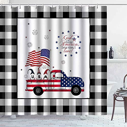 Dia Magico 4PCS American Flag Cute Gnome Shower Curtain Set with Rugs, USA Flag Farm Truck 4th of July Independence Day Patriotic Black and White Buffalo Plaid Country Rustic Farmhouse Bathroom Decor