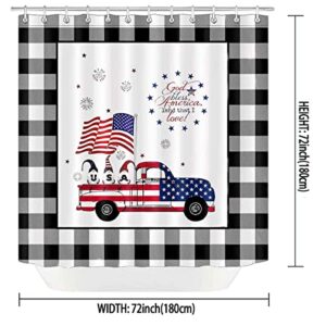 Dia Magico 4PCS American Flag Cute Gnome Shower Curtain Set with Rugs, USA Flag Farm Truck 4th of July Independence Day Patriotic Black and White Buffalo Plaid Country Rustic Farmhouse Bathroom Decor