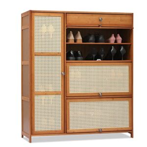 monibloom shoe cabinet for entryway, adjustable shelves storage space & 3 drawers, boho vibe storage rattan pattern shoe rack for 24-28 pairs for home and apartment, brown