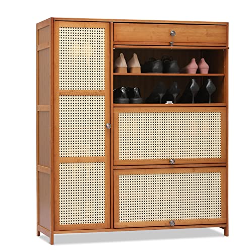 MoNiBloom Shoe Cabinet for Entryway, Adjustable Shelves Storage Space & 3 Drawers, Boho Vibe Storage Rattan Pattern Shoe Rack for 24-28 Pairs for Home and Apartment, Brown