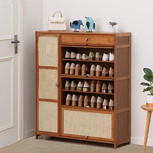 MoNiBloom Shoe Cabinet for Entryway, Adjustable Shelves Storage Space & 3 Drawers, Boho Vibe Storage Rattan Pattern Shoe Rack for 24-28 Pairs for Home and Apartment, Brown