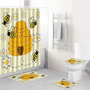 losumige shower curtain sets with non-slip rugs,toilet lid cover and bath mat,bumblebee hive waterproof bath curtains hooks included