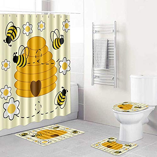 LOSUMIGE Shower Curtain Sets with Non-Slip Rugs,Toilet Lid Cover and Bath Mat,Bumblebee Hive Waterproof Bath Curtains Hooks Included