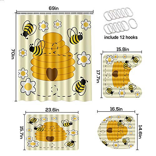 LOSUMIGE Shower Curtain Sets with Non-Slip Rugs,Toilet Lid Cover and Bath Mat,Bumblebee Hive Waterproof Bath Curtains Hooks Included