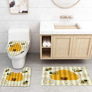 LOSUMIGE Shower Curtain Sets with Non-Slip Rugs,Toilet Lid Cover and Bath Mat,Bumblebee Hive Waterproof Bath Curtains Hooks Included