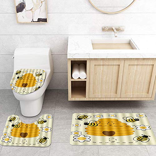 LOSUMIGE Shower Curtain Sets with Non-Slip Rugs,Toilet Lid Cover and Bath Mat,Bumblebee Hive Waterproof Bath Curtains Hooks Included