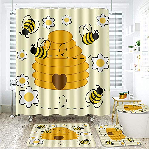 LOSUMIGE Shower Curtain Sets with Non-Slip Rugs,Toilet Lid Cover and Bath Mat,Bumblebee Hive Waterproof Bath Curtains Hooks Included