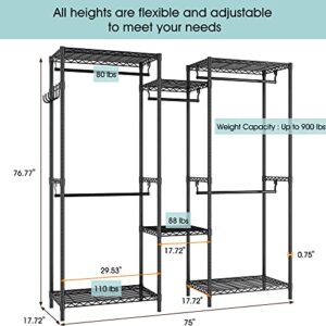 Amyove Clothes Rack Heavy Duty Garment Rack Portable Wardrobe Closet with Adjustable Shelves, Hanging Rods, Side Hooks for Hanging Clothes, Freestanding & L-shaped Closet (0.75 inch Diameter, Black)