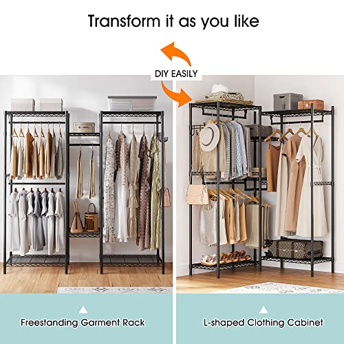 Amyove Clothes Rack Heavy Duty Garment Rack Portable Wardrobe Closet with Adjustable Shelves, Hanging Rods, Side Hooks for Hanging Clothes, Freestanding & L-shaped Closet (0.75 inch Diameter, Black)