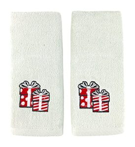 christmas fingertip towel set: gnome present like your present, grey hand towels with red white embroidery jolly gnome present, set of 2