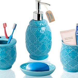 Designer 4-Piece Bathroom Accessory Set – Ceramic Bath Set w/Liquid Soap or Lotion Dispenser, Toothbrush Holder, Tumbler and Soap Dish – Decorative Set w/Embossed Details – Modern Vanity Accessories