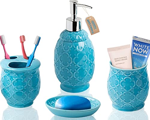 Designer 4-Piece Bathroom Accessory Set – Ceramic Bath Set w/Liquid Soap or Lotion Dispenser, Toothbrush Holder, Tumbler and Soap Dish – Decorative Set w/Embossed Details – Modern Vanity Accessories