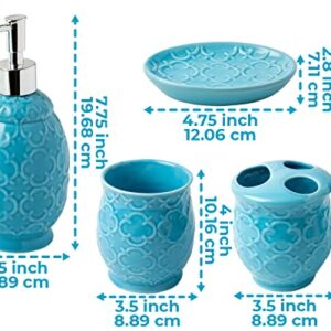 Designer 4-Piece Bathroom Accessory Set – Ceramic Bath Set w/Liquid Soap or Lotion Dispenser, Toothbrush Holder, Tumbler and Soap Dish – Decorative Set w/Embossed Details – Modern Vanity Accessories