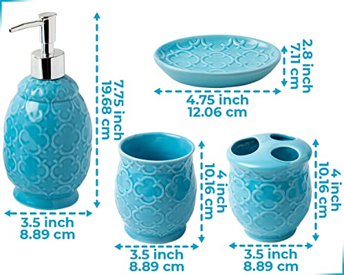 Designer 4-Piece Bathroom Accessory Set – Ceramic Bath Set w/Liquid Soap or Lotion Dispenser, Toothbrush Holder, Tumbler and Soap Dish – Decorative Set w/Embossed Details – Modern Vanity Accessories