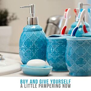 Designer 4-Piece Bathroom Accessory Set – Ceramic Bath Set w/Liquid Soap or Lotion Dispenser, Toothbrush Holder, Tumbler and Soap Dish – Decorative Set w/Embossed Details – Modern Vanity Accessories