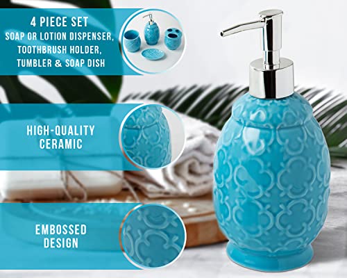 Designer 4-Piece Bathroom Accessory Set – Ceramic Bath Set w/Liquid Soap or Lotion Dispenser, Toothbrush Holder, Tumbler and Soap Dish – Decorative Set w/Embossed Details – Modern Vanity Accessories