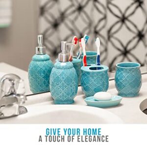 Designer 4-Piece Bathroom Accessory Set – Ceramic Bath Set w/Liquid Soap or Lotion Dispenser, Toothbrush Holder, Tumbler and Soap Dish – Decorative Set w/Embossed Details – Modern Vanity Accessories