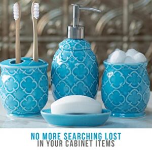 Designer 4-Piece Bathroom Accessory Set – Ceramic Bath Set w/Liquid Soap or Lotion Dispenser, Toothbrush Holder, Tumbler and Soap Dish – Decorative Set w/Embossed Details – Modern Vanity Accessories