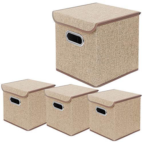 BeigeSwan Storage Bin [Set of 4] Linen Fabric Foldable Container with Lid, Collapsible Organizer Boxes Cubes – 10 x 10 x 10 Inches (Beige)