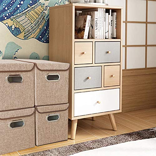 BeigeSwan Storage Bin [Set of 4] Linen Fabric Foldable Container with Lid, Collapsible Organizer Boxes Cubes – 10 x 10 x 10 Inches (Beige)
