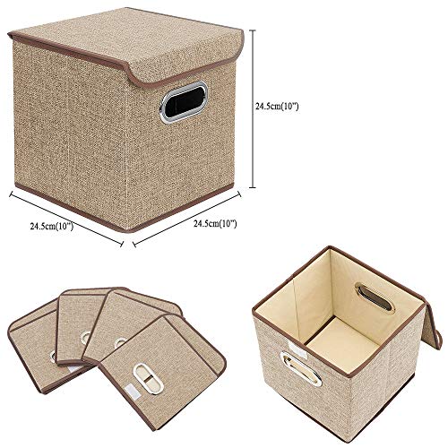BeigeSwan Storage Bin [Set of 4] Linen Fabric Foldable Container with Lid, Collapsible Organizer Boxes Cubes – 10 x 10 x 10 Inches (Beige)