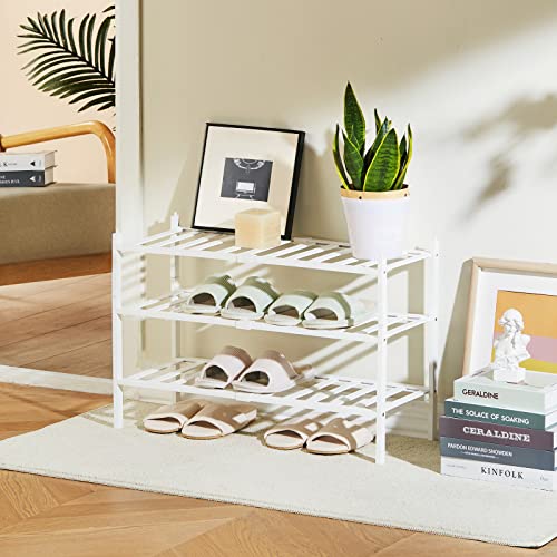 Quiqear Bamboo Shoe Rack, 3 Tier Shoe Rack Organizer, Stackable & Durable Shoe Shelf Holder, Free Standing Shoe Racks, Shoe Storage Organizer for Entryway, Closet, Hallway, 27.2*11*18.3inch (White)