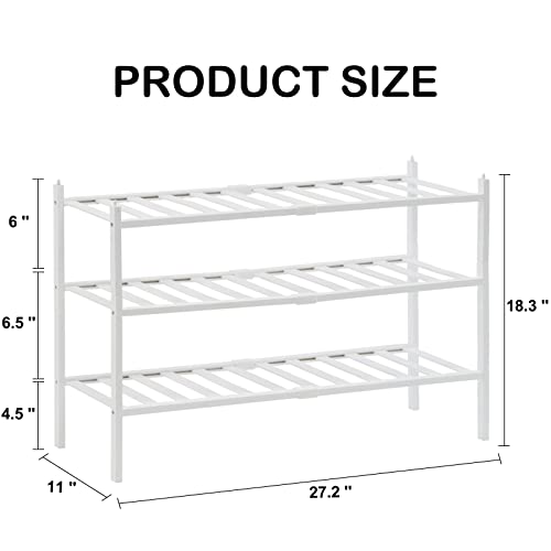 Quiqear Bamboo Shoe Rack, 3 Tier Shoe Rack Organizer, Stackable & Durable Shoe Shelf Holder, Free Standing Shoe Racks, Shoe Storage Organizer for Entryway, Closet, Hallway, 27.2*11*18.3inch (White)