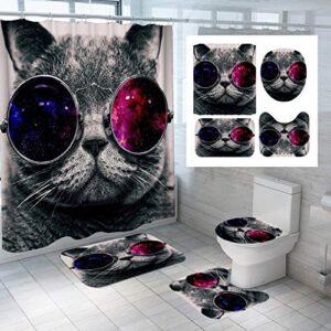 4pcs space cat shower curtain sets with rugs,cat wear galaxy glasses kids bathroom decor non-slip bathroom mat bath mat toilet rug,with 12 hooks,72x72 inch,gray cat