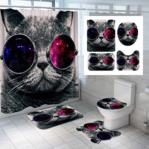 4PCS Space Cat Shower Curtain Sets with Rugs,Cat wear Galaxy Glasses Kids Bathroom Decor Non-Slip Bathroom Mat Bath Mat Toilet Rug,with 12 Hooks,72X72 Inch,Gray Cat