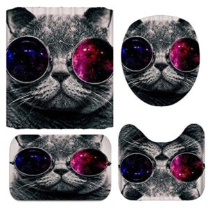 4PCS Space Cat Shower Curtain Sets with Rugs,Cat wear Galaxy Glasses Kids Bathroom Decor Non-Slip Bathroom Mat Bath Mat Toilet Rug,with 12 Hooks,72X72 Inch,Gray Cat