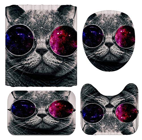 4PCS Space Cat Shower Curtain Sets with Rugs,Cat wear Galaxy Glasses Kids Bathroom Decor Non-Slip Bathroom Mat Bath Mat Toilet Rug,with 12 Hooks,72X72 Inch,Gray Cat