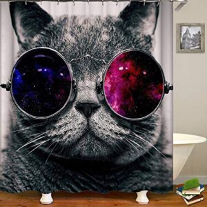 4PCS Space Cat Shower Curtain Sets with Rugs,Cat wear Galaxy Glasses Kids Bathroom Decor Non-Slip Bathroom Mat Bath Mat Toilet Rug,with 12 Hooks,72X72 Inch,Gray Cat