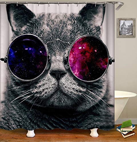 4PCS Space Cat Shower Curtain Sets with Rugs,Cat wear Galaxy Glasses Kids Bathroom Decor Non-Slip Bathroom Mat Bath Mat Toilet Rug,with 12 Hooks,72X72 Inch,Gray Cat