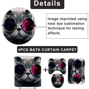 4PCS Space Cat Shower Curtain Sets with Rugs,Cat wear Galaxy Glasses Kids Bathroom Decor Non-Slip Bathroom Mat Bath Mat Toilet Rug,with 12 Hooks,72X72 Inch,Gray Cat