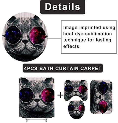 4PCS Space Cat Shower Curtain Sets with Rugs,Cat wear Galaxy Glasses Kids Bathroom Decor Non-Slip Bathroom Mat Bath Mat Toilet Rug,with 12 Hooks,72X72 Inch,Gray Cat