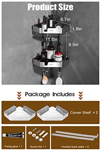 GEINIFAFA Adhesive Corner Shelf Bathroom Shower Caddy, SUS304 Stainless Steel, 2 Tier Nail-Free Wall-Mounted Bathroom Shelves ( Silver )