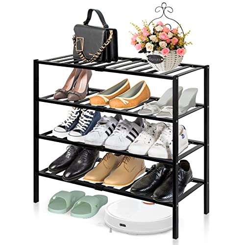 Allinside Bamboo Shoe Rack, 4 Tiers Shoe Storage Organizer, Detachable Durable Shoe Shelf, Shoe Stand for Entryway Closet Bathroom Balcony(Black)